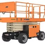 Side angle of JLG RT3369 rough terrain scissor lift, stowed.