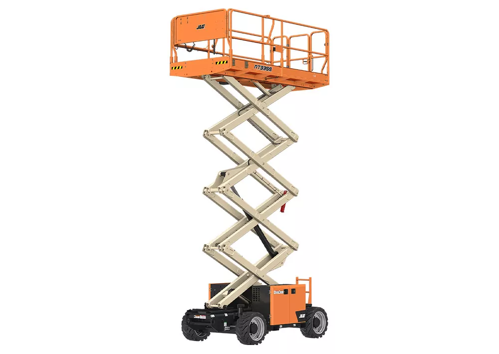 Raised JLG RT3369 rough terrain scissor lift.