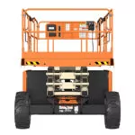 Side of stowed JLG RT3394 rough terrain scissor lift.