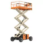 Raised JLG RT3394 rough terrain scissor lift.