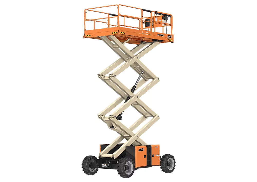 Raised JLG RT3394 rough terrain scissor lift.