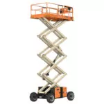 Raised JLG RT4394 rough terrain scissor lift.