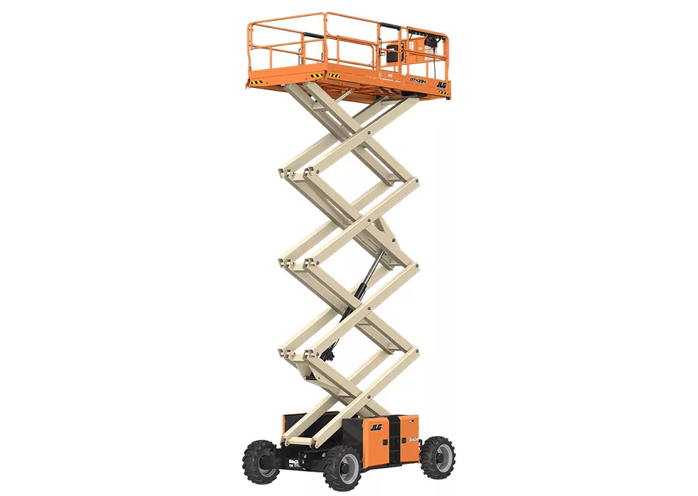 Raised JLG RT4394 rough terrain scissor lift.