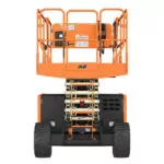 Stowed side view of JLG RT4769 rough terrain scissor lift.