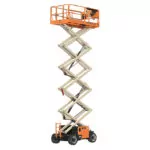 Raised JLG RT4769 rough terrain scissor lift.