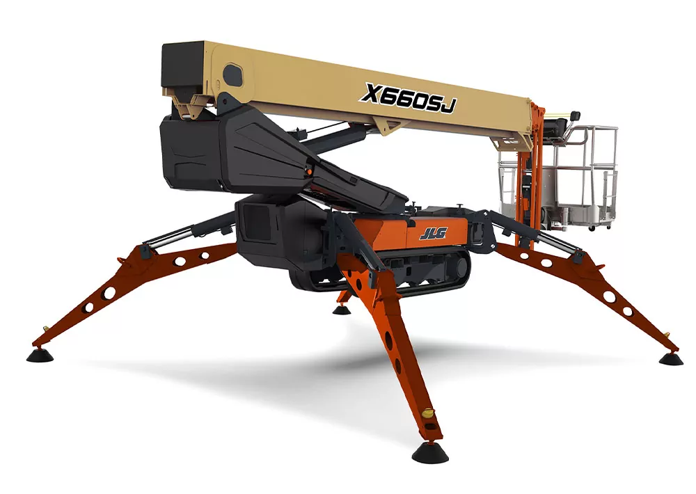 JLG X660SJ compact crawler boom lift lowered.