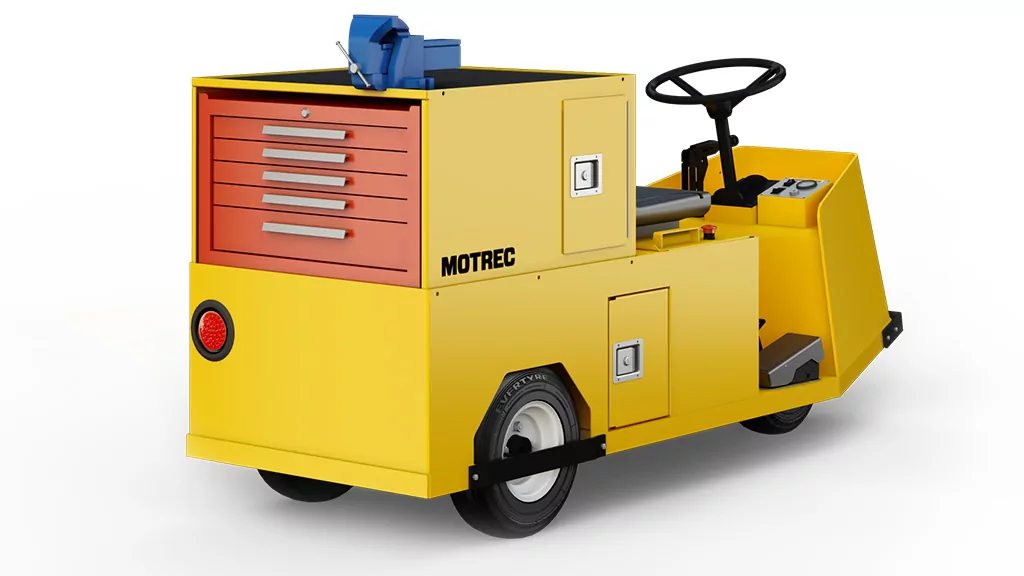 Back of Motrec MX-240 maintenance truck, showing toolbox area.