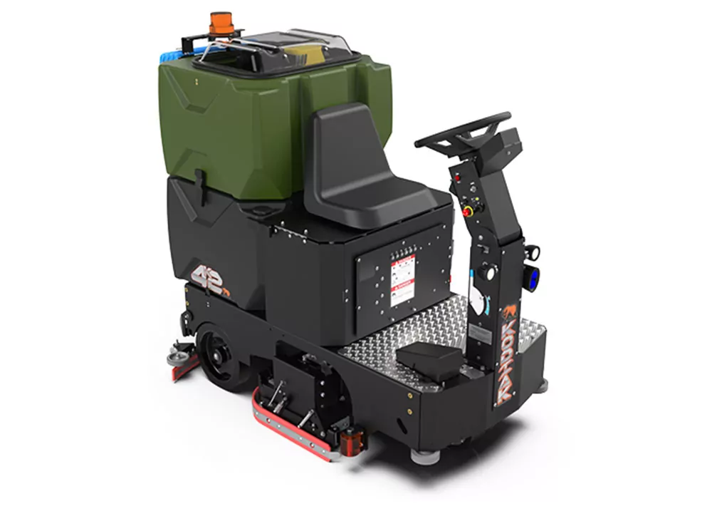 Kodiak K42 ride-on floor scrubber with cylindrical deck.