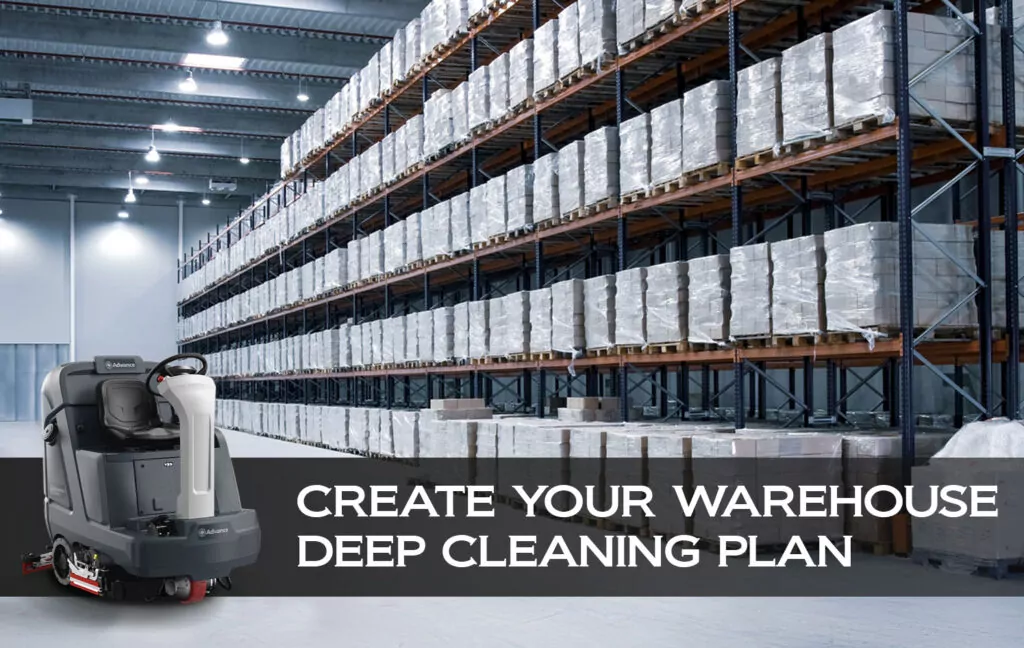 Advance SC5000 ride-on scrubber in a warehouse with selective racking. Text "Create your warehouse deep cleaning plan".