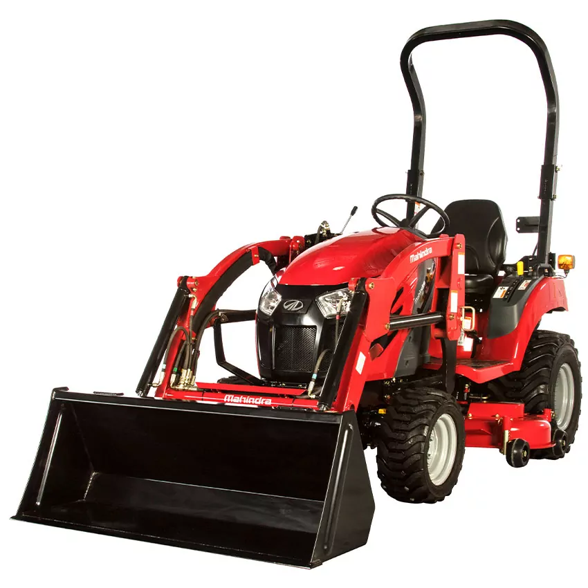 Mahindra EMax 20S HST Sub-Compact Tractor with bucket attachment.