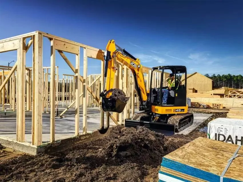 JCB 45Z compact excavator on construction site.