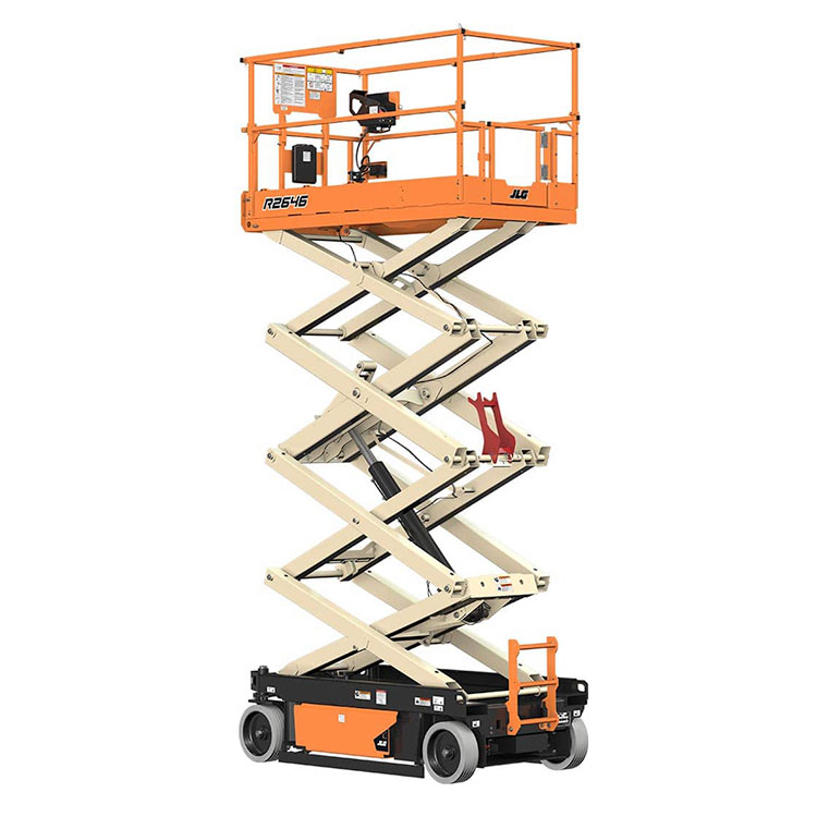 Raised JLG R2646 electric scissor lift.