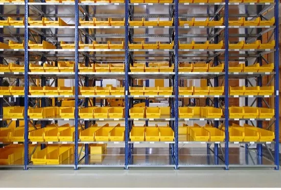 Warehouse bin shelving system.