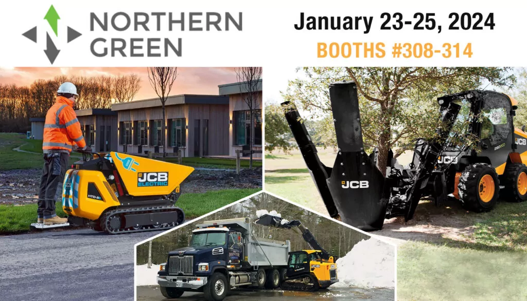JCB Electric dumpster, skid steer, and teleskid construction equipment.
