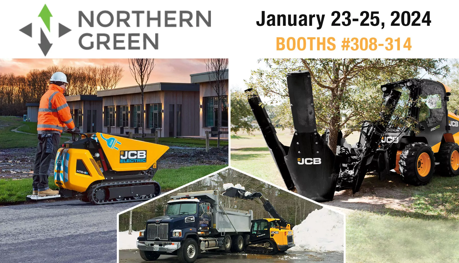 JCB Electric dumpster, skid steer, and teleskid construction equipment.