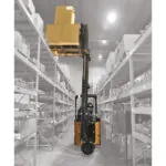 Bendi B3/30AC forklift grabbing pallet of materials off warehouse shelf.