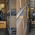 Drexel SL50AC forklift raising pallet off narrow aisle racking.