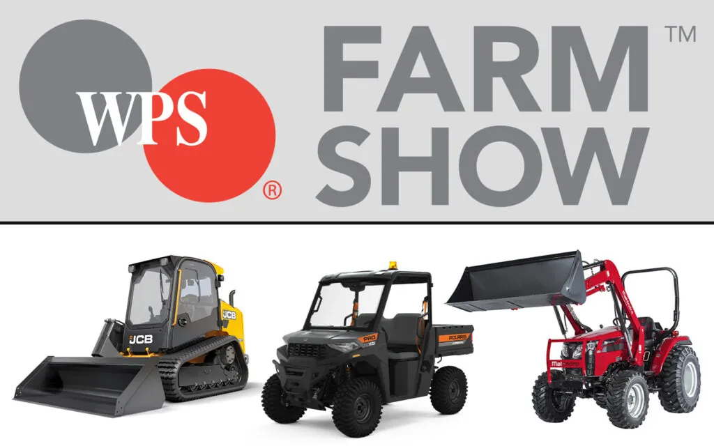 WPS Farm Show logo. Polaris Pro XD Mid-Size Gas UTV, JCB 215 Skid Steer, and Mahindra 2638 HST Tractor.