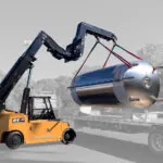 Landoll PT40 precision telehandler moving large tank.