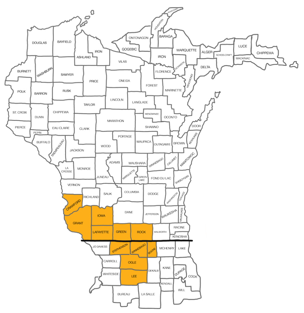 New Yale counties serviced in Southern Wisconsin and Northern Illinois highlighted on a map.