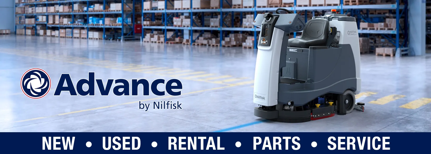 Advance SC60 autonomous scrubber with text "new, used, rental, parts, service".