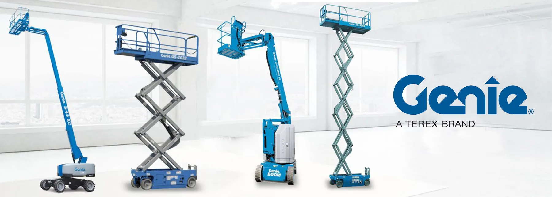 Genie boom lift, scissor lifts, and vertical lift.