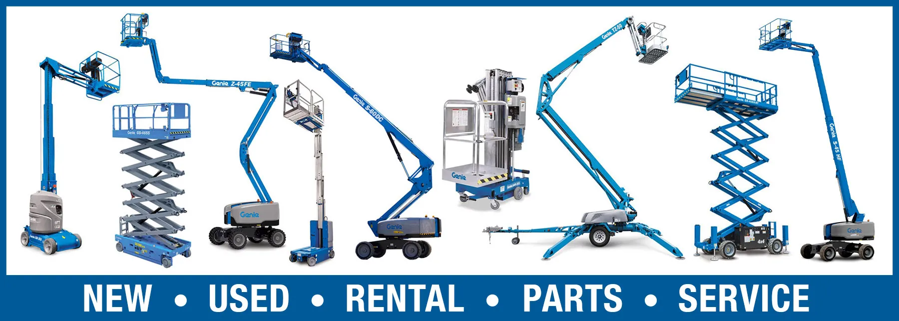 Genie aerial work platforms, vertical lifts, telescopic boom lifts, articulating boom lift, trailer mounted boom lift, rough terrain scissor lift, slab scissor lift.