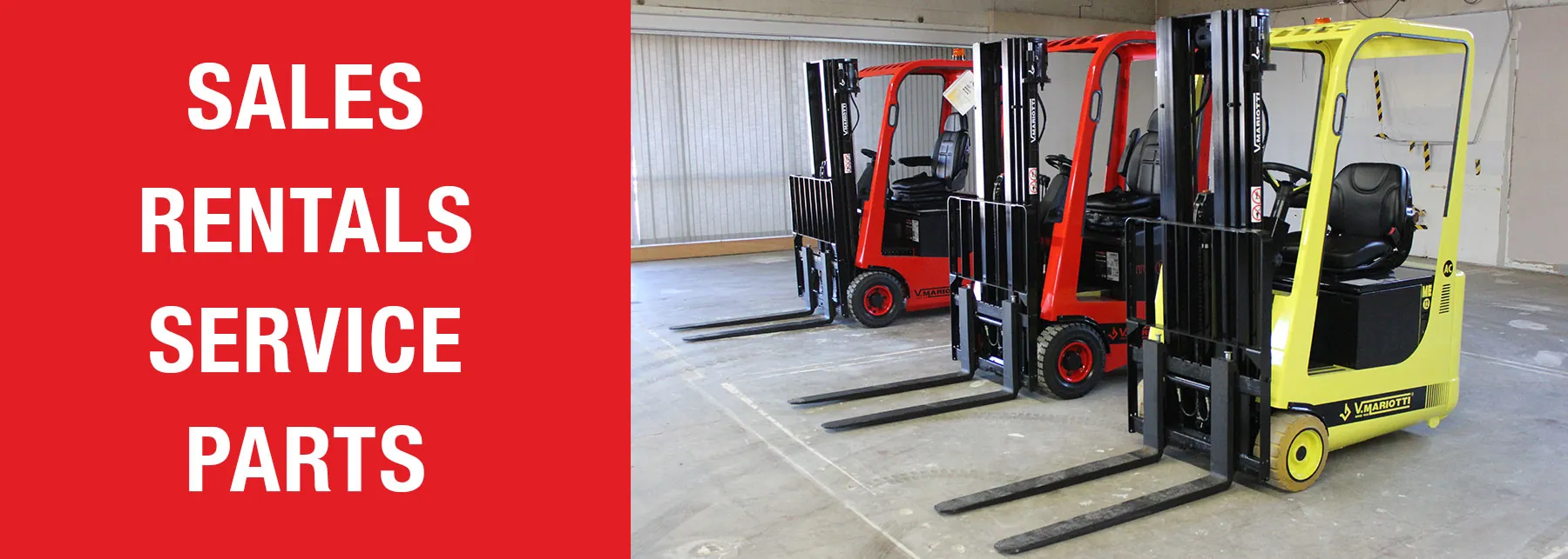 range of Mariotti forklifts with text "Sales, Rentals, Service and Parts".