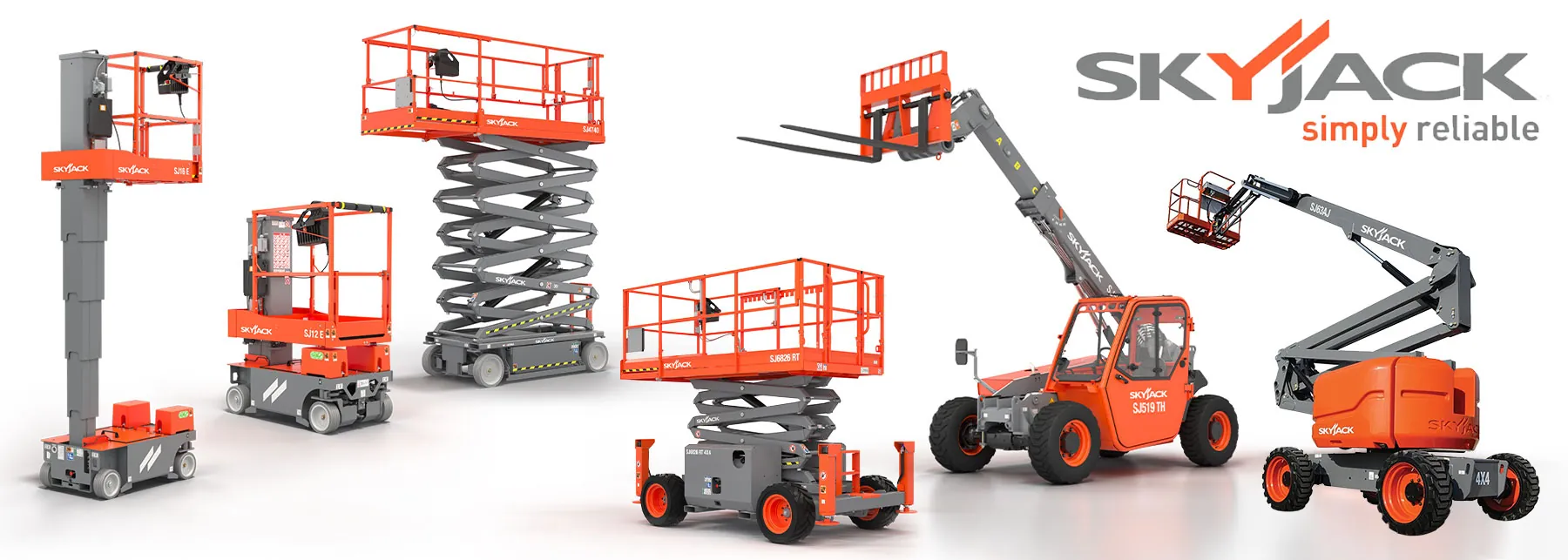 Skyjack vertical lifts, DC Scissor Lift, Rough Terrain Scissor Lift, Telehandler, and Articulating Boom Lift.