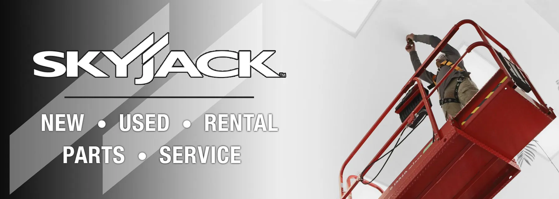 Skyjack Scissor lift with text "New, Used, Rental, Parts, Service".