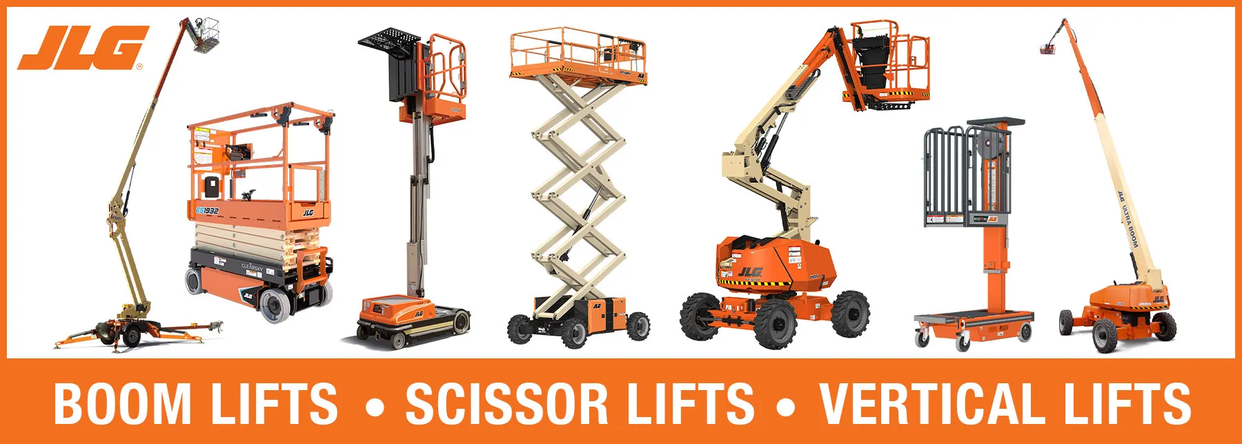 Variety of JLG aerial work platforms, boom lifts, scissor lifts, and vertical lifts.