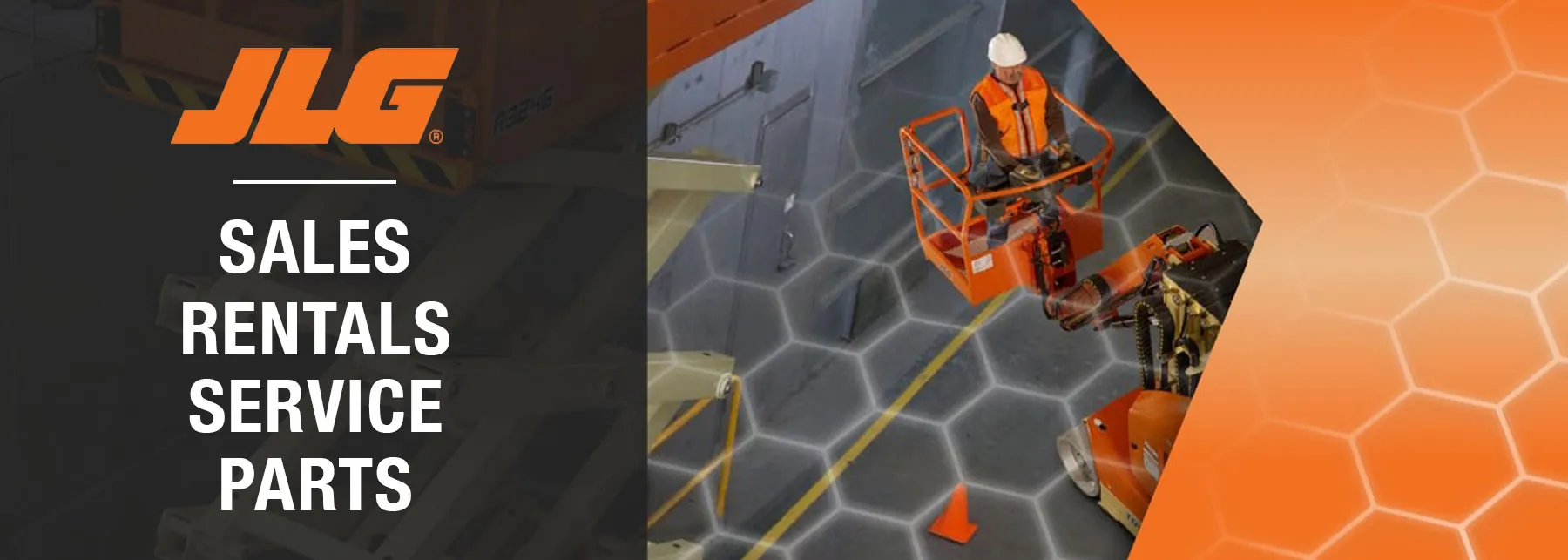 JLG boom lift. "Sales, rentals, service, parts".