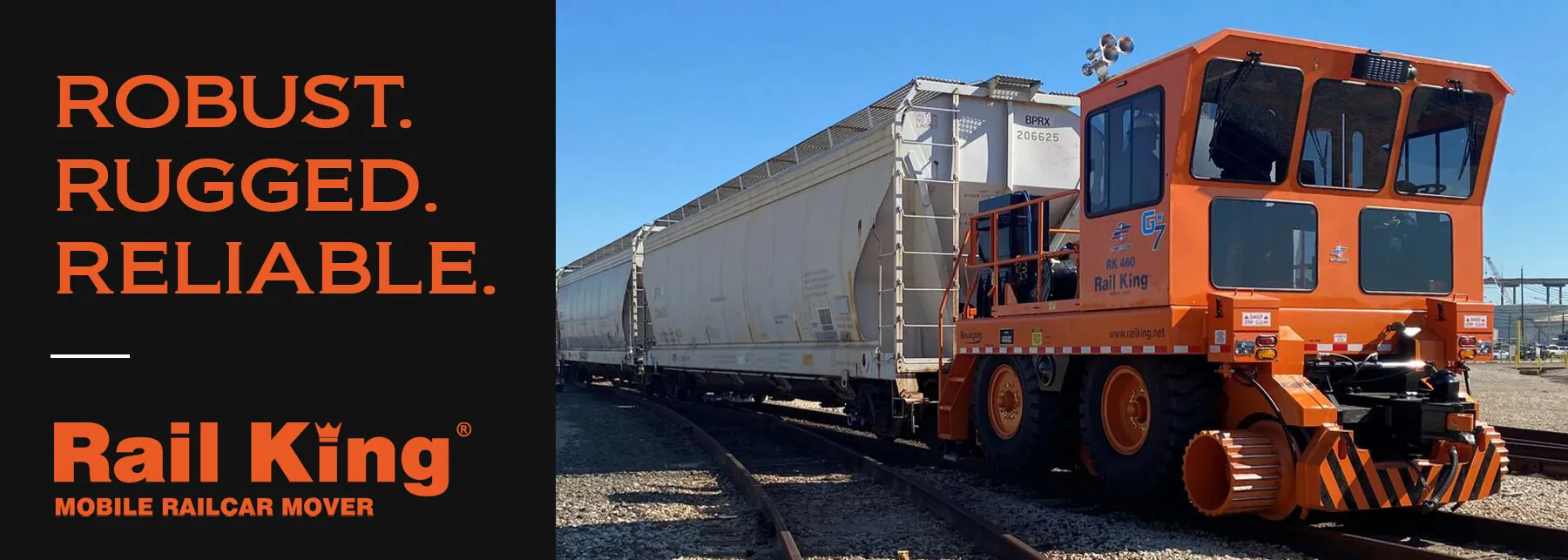 Rail King RK460 railcar mover on track. "Robust. Rugged. Reliable."