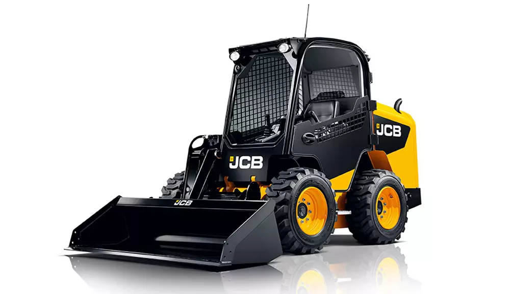JCB wheeled skid steer loader with bucket.