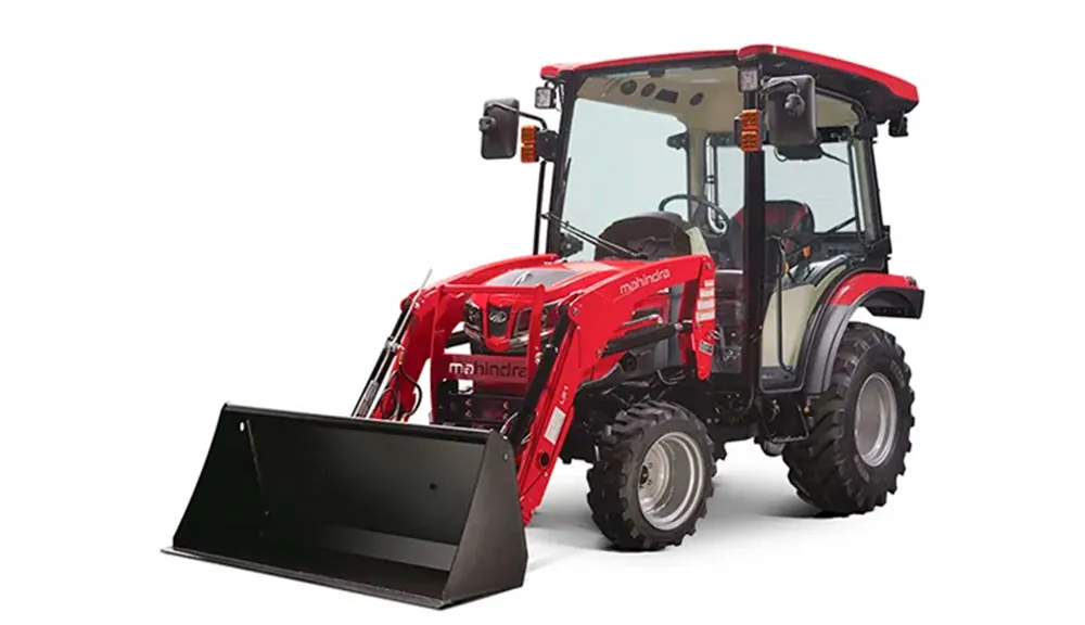 Mahindra 2100 Tractor with cab with bucket loader.