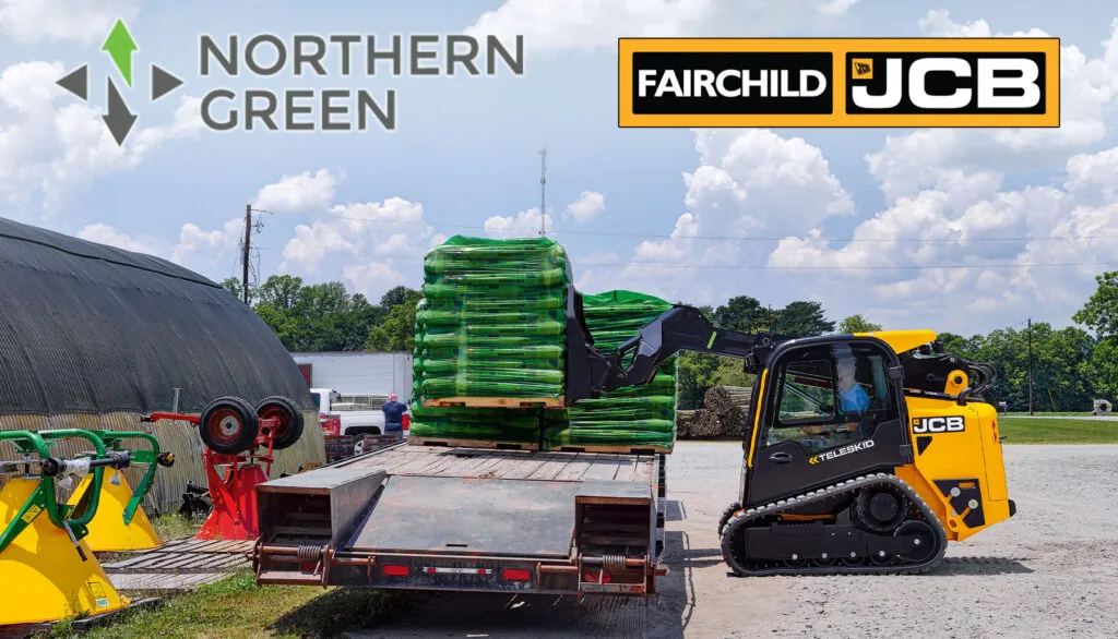 JCB 2TS-7T Teleskid lifting pallet onto truck trailer. Northern Green and Fairchild JCB logos.