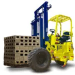 Donkey The Jack Hydrostatic Truck-Mounted forklift holding pallet of bricks.