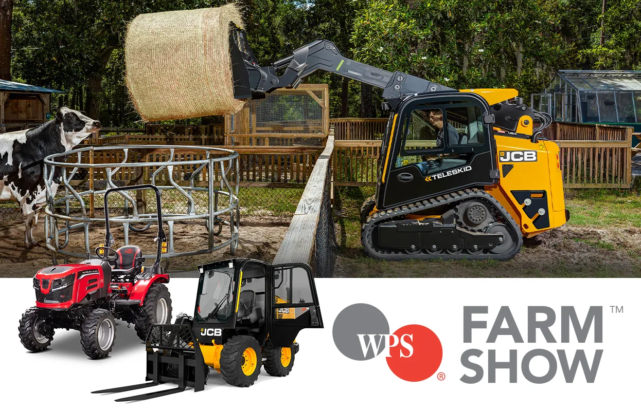 Mahindra 2126 Tractor, JCB 270 Wheeled Skid Steer, JCB 2TS-7T Teleskid lifting hay bale. WPS Farm Show logo.