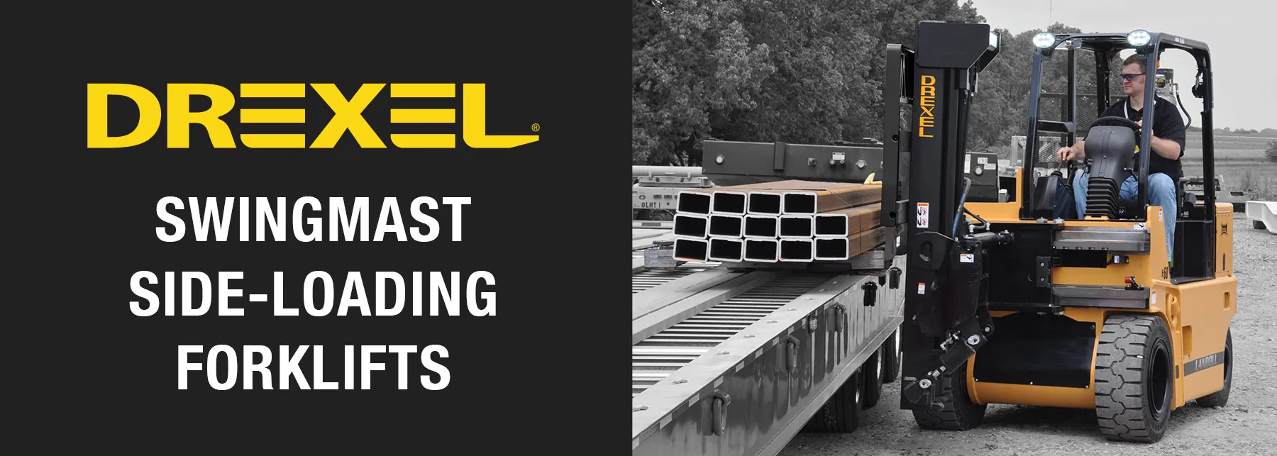 Drexel Forklift placing steel beams on trailer. "Swingmast Side-Loading Forklifts".