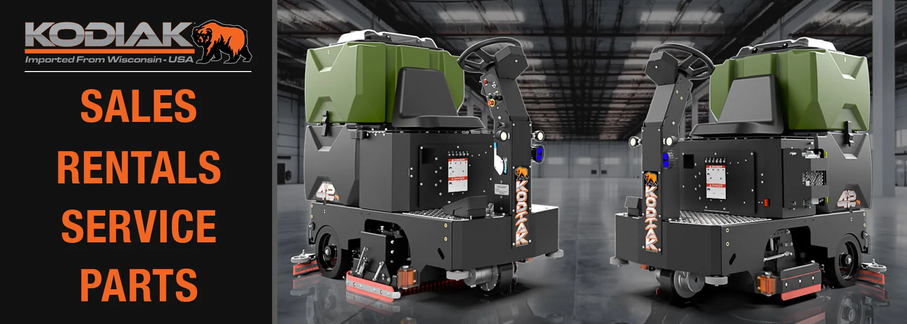 Kodiak K42 ride-on scrubbers with text "Sales, Rentals, Service, Parts".