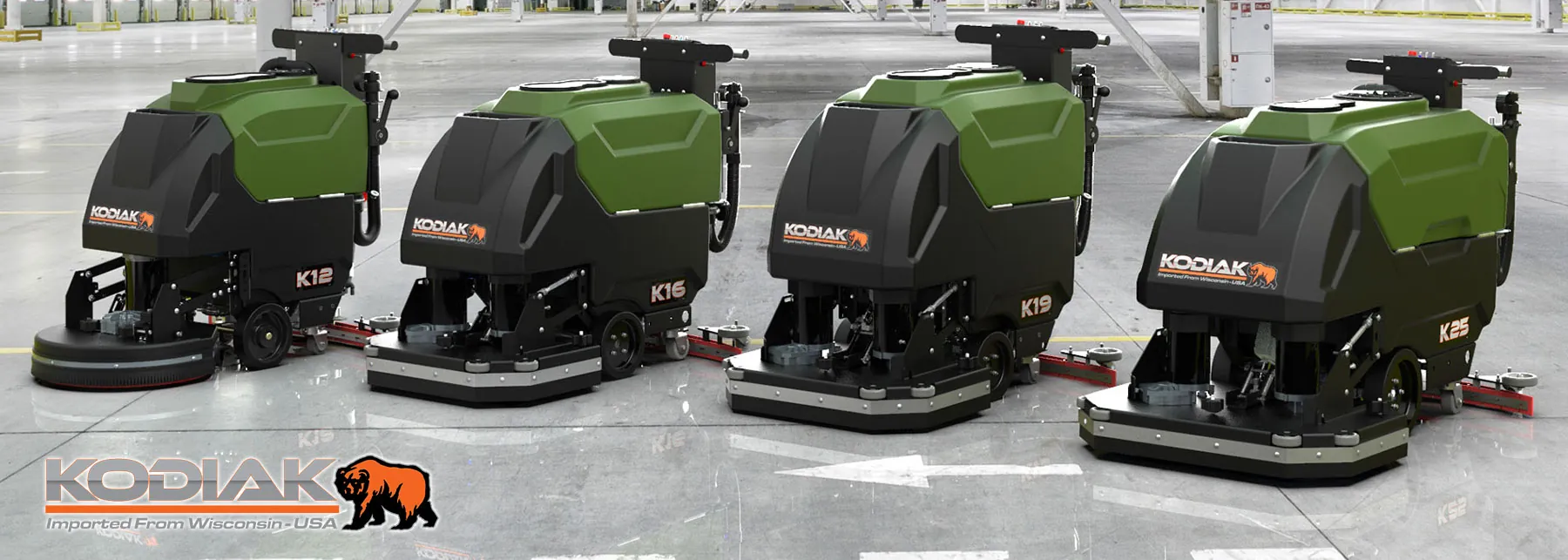 Kodiak K12, K16, K19 and K25 walk-behind scrubbers lined up.