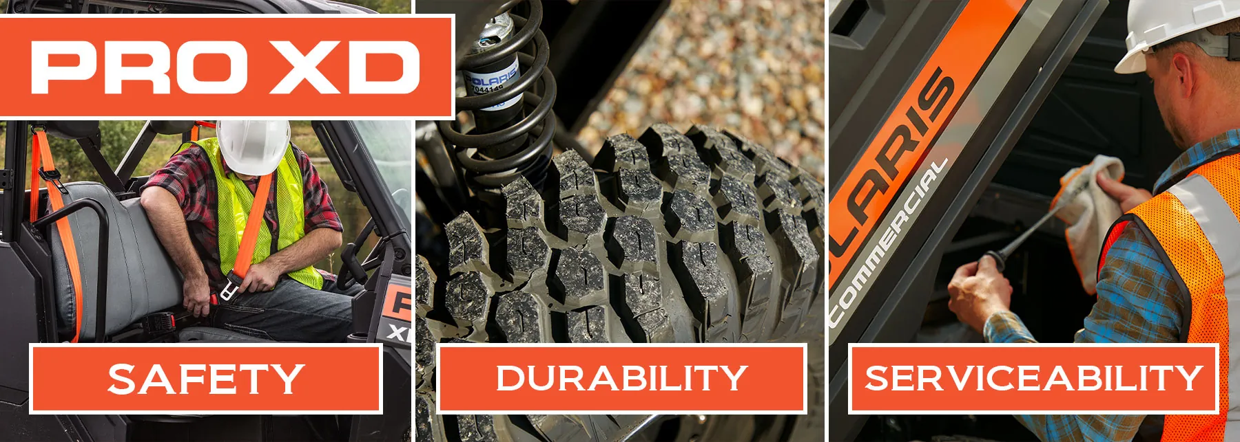 Man fastening seat belt. Pro XD Vehicle tire. Technician checking vehicle oil. Text: "Safety, Durability, Serviceability".