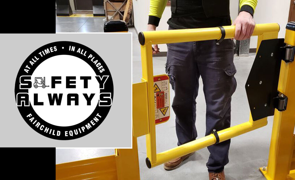 Person walking through warehouse safety gate.
