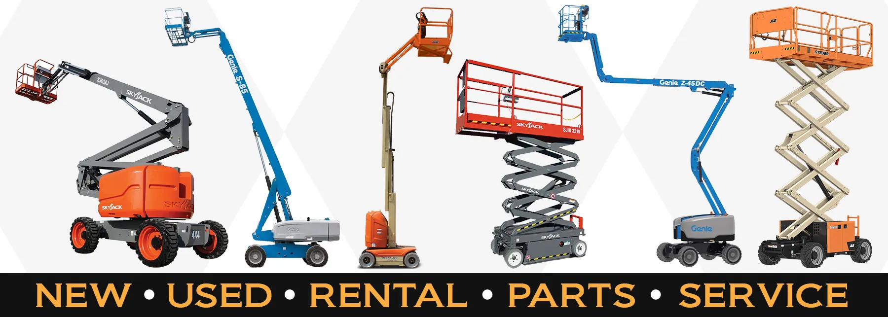 Skyjack boom lift, Genie telescopic boom lift, JLG vertical lift, Genie articulating boom lift, JLG scissor lift. "New, Used, Rental, Parts, Service."