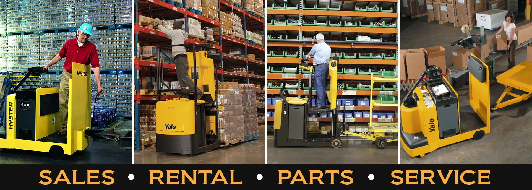 Hyster tow tractor in warehouse. Workers picking with Yale tow tractors. "Sales / Rental / Parts / Service".