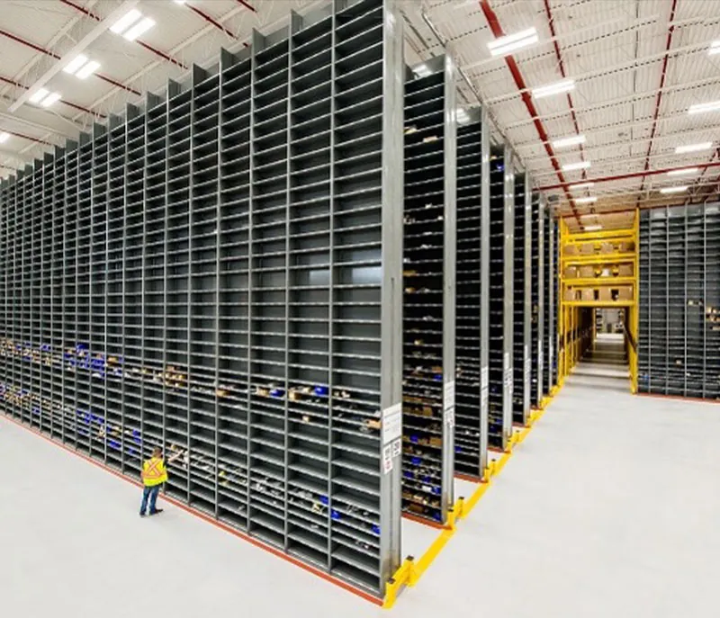 Industrial shelving in a warehouse.
