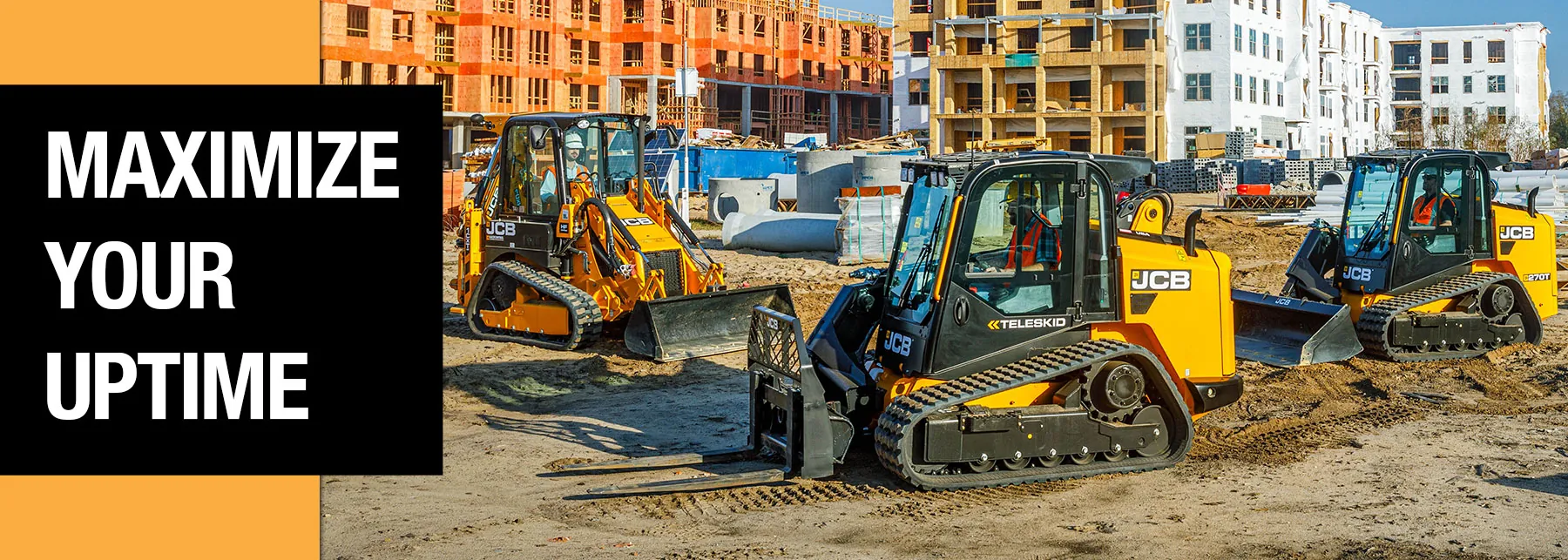 JCB Teleskids and Backhoe Loader on construction site. "Maximize Your Uptime".