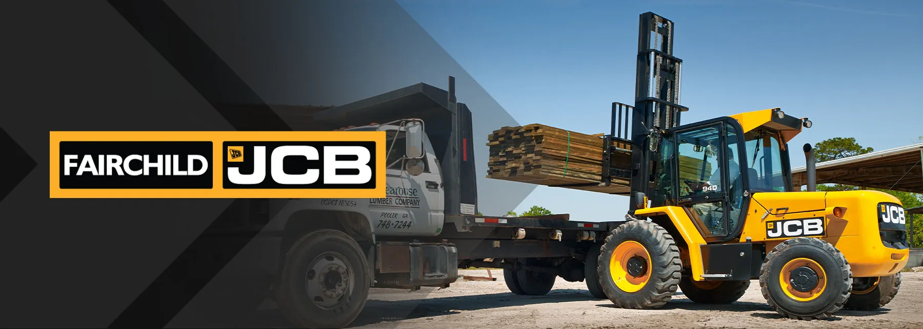 JCB Rough Terrain Forklift loading lumber onto trailer.
