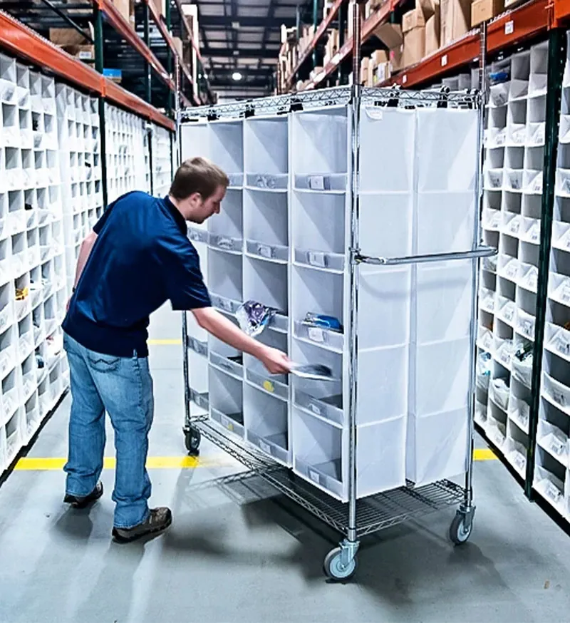 person picking goods out of portable high density storage.