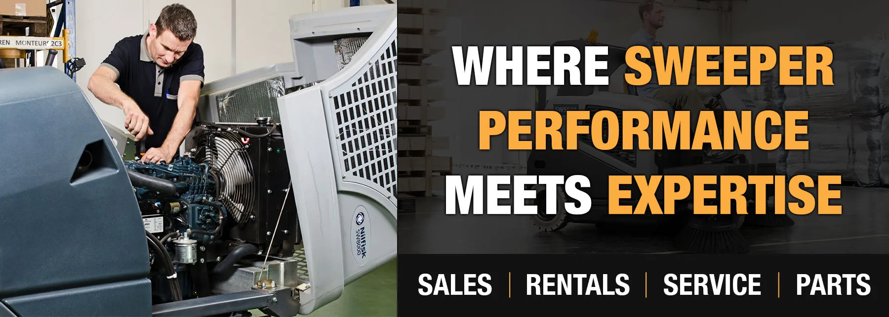 Technician repairing Nilfisk floor cleaning machine. "Where sweeper performance meets expertise. Sales / Rentals / Service / Parts".